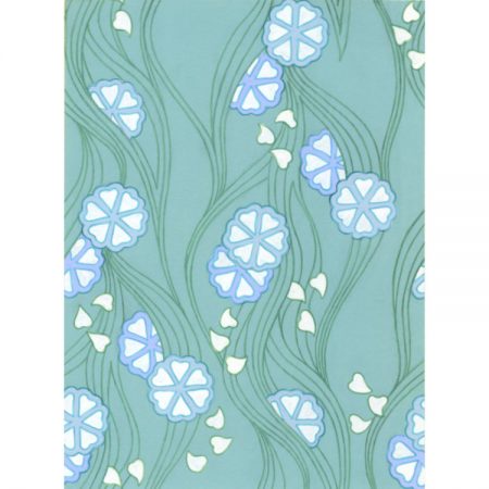 Greetings card 1970s textile design of blue and white flowers, green flowing lines and aqua turquoise background