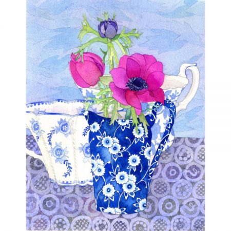 Greetings card with painting of pink anemones in blue and white china jug with blue and white cup against blue background