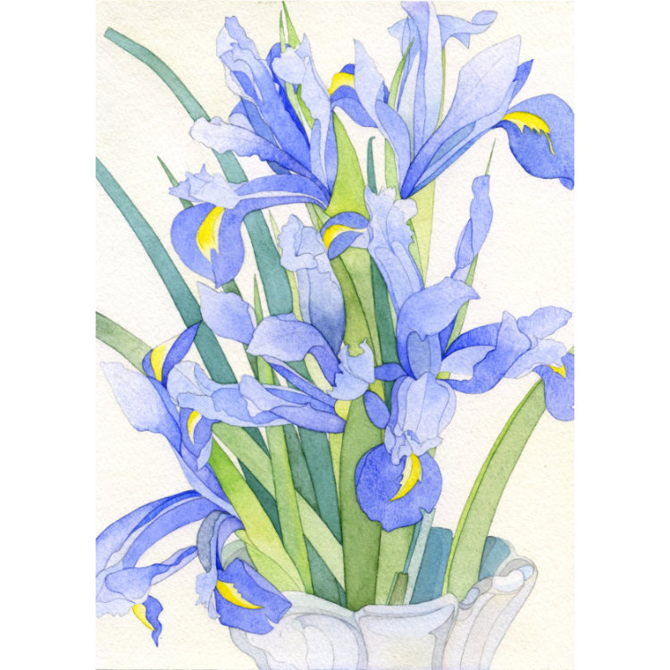 Greeting card design with painting of purple irises in white vase