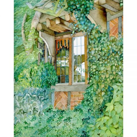 Painting of Tudor cottage window nestled in green leaves greetings card design
