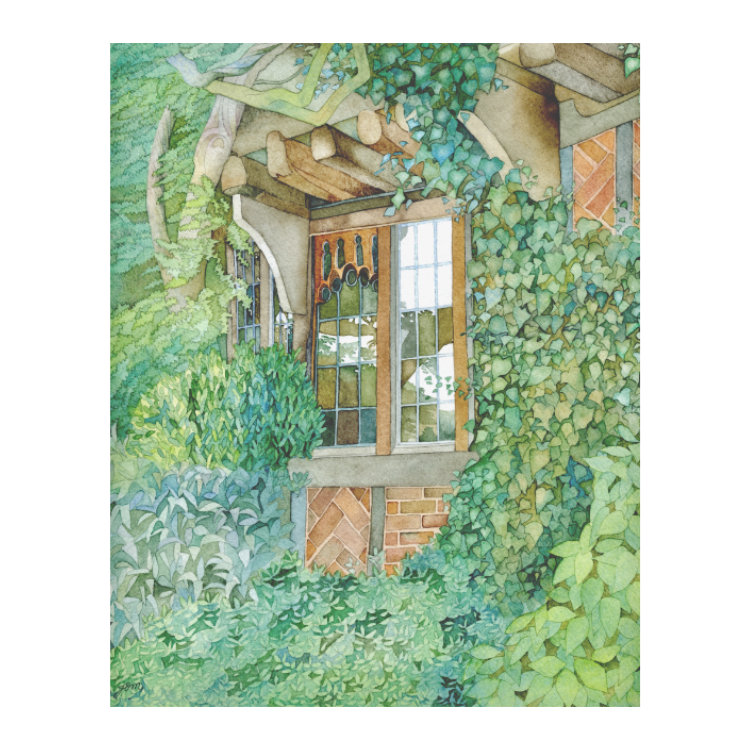 Greeting card with watercolour painting of cottage window surrounded by green leaves