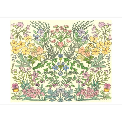 Greetings card with mirror design of pink, purple and yellow flowers with green leaves