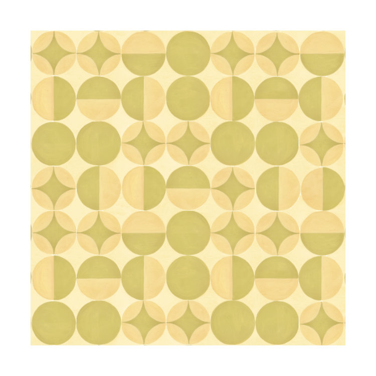 Greetings card with 1950s wallpaper design of circles in olive and peach