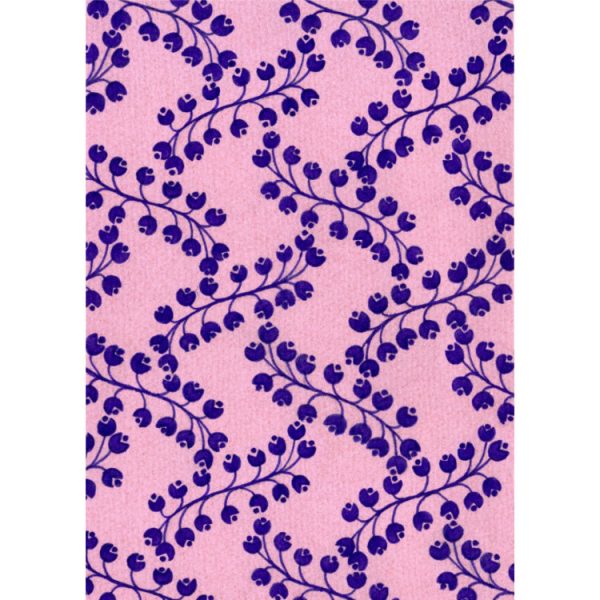 Greetings card with 1970s textile pattern of twisting purple berries against pink background