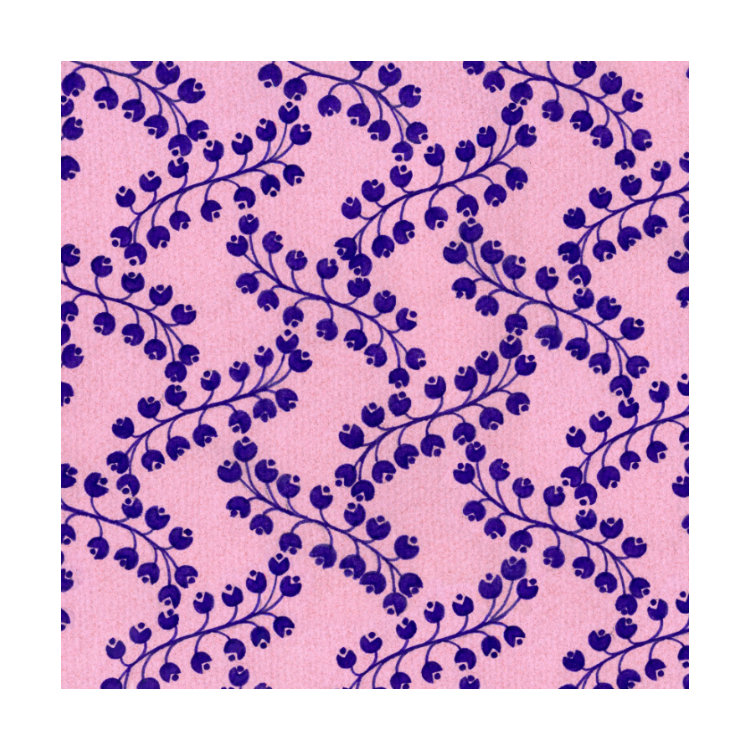 Greetings card with 1970s textile pattern of twisting purple berries against pink background