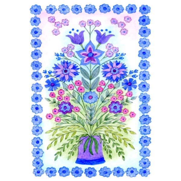 Greetings card design of colourful painting of mirrored wildflower design in purple and blue with blue flower border