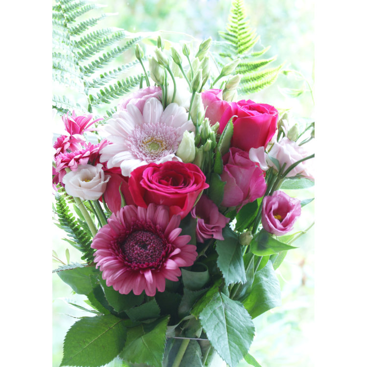 Front of double view greetings card with photo of pink roses, lisianthus and gerbera daisies