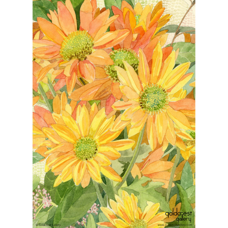 Back of greeting card with close up detail of painted yellow-orange chrysanthemums