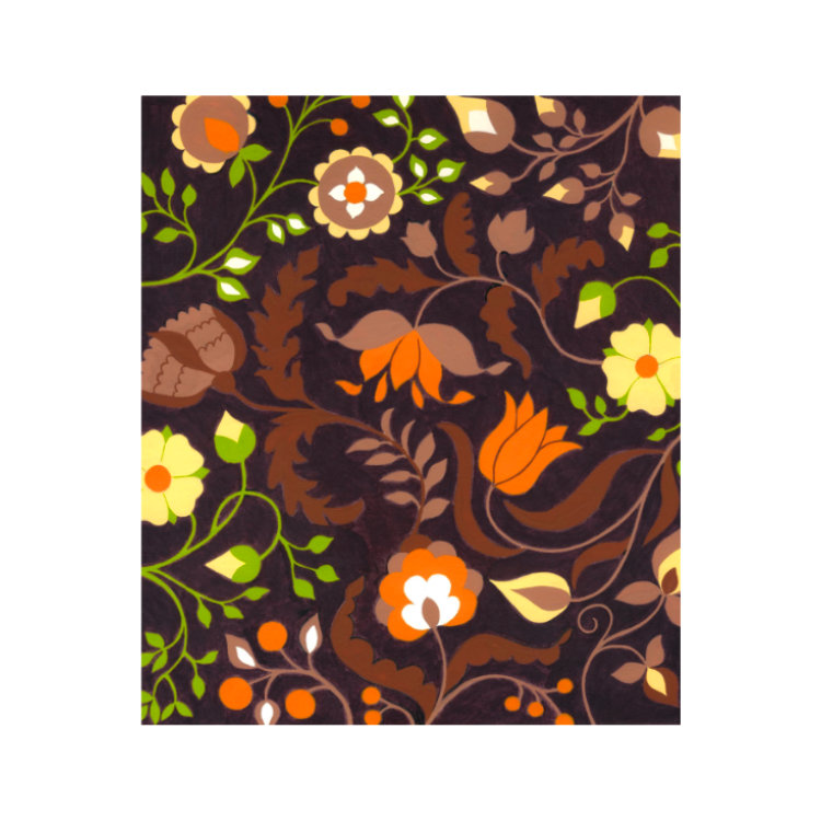 1970s Textile design with orange and yellow flowers against a brown background