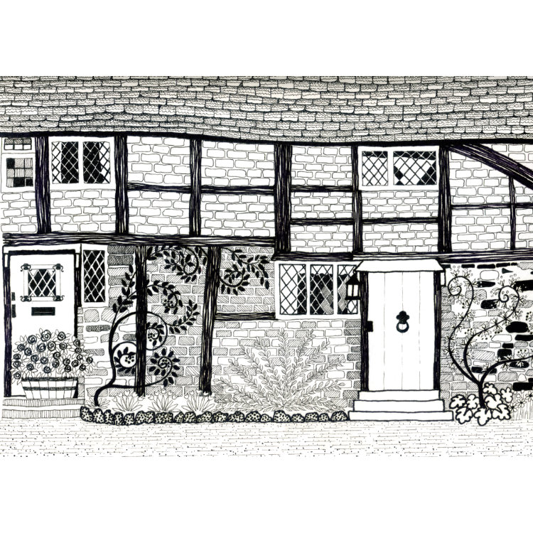 Greeting card design with black and white pen & ink drawing of terraced tudor cottages