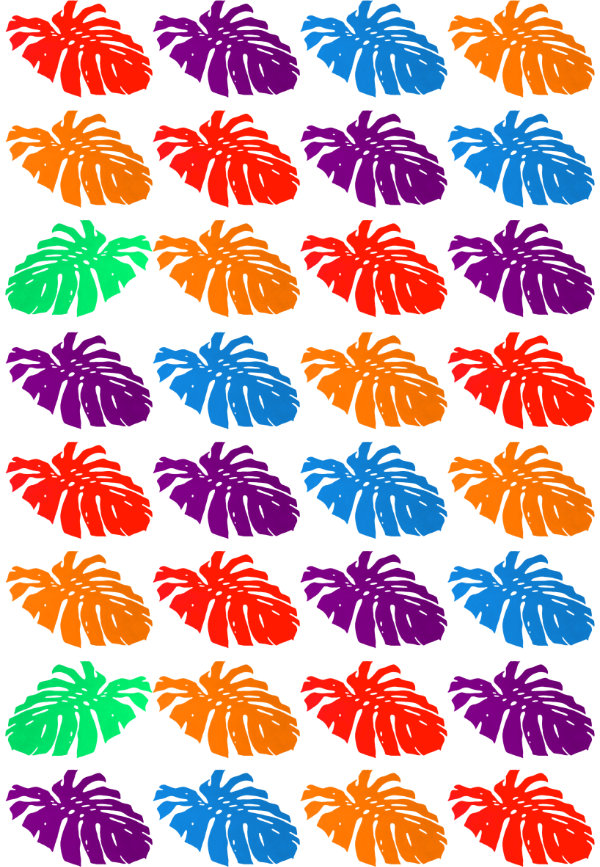 Art print design of red, purple, orange and blue cheese plant leaves in a diagonal pattern