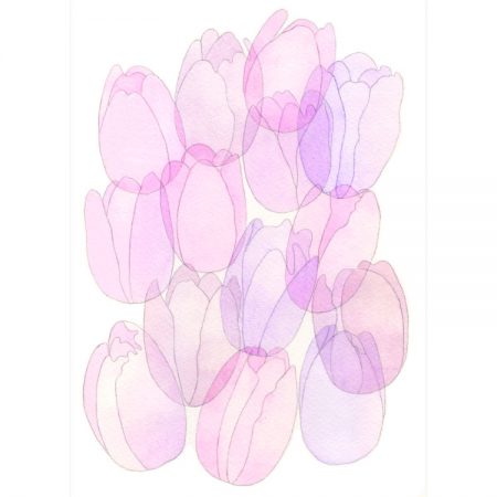 Abstract painting of pink and purple tulip heads greetings card design