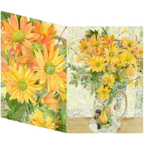 Two sides of a folded greeting card showing a painting of yellow chrysanthemums in a china jug