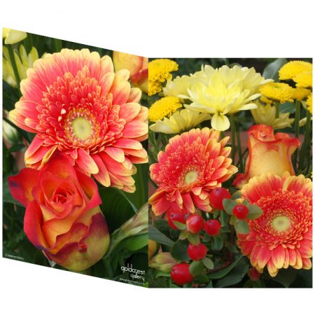 Two sides of a folded greeting card showing two views of yellow, orange and red flowers and red berries