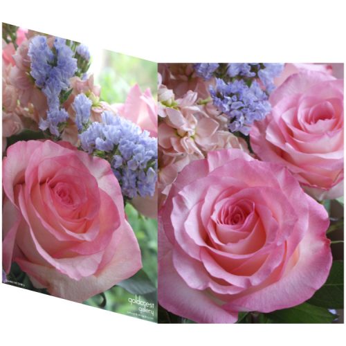 Two sides of a folded greeting card showing two views of pink roses, purple statice and peach stocks