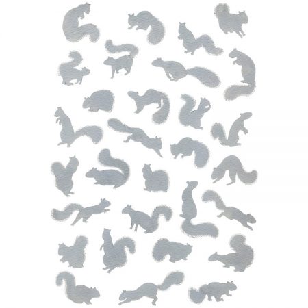 Greeting card with illustration of leaping grey squirrel silhouettes
