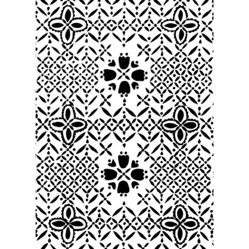 Greetings card design of 1970s textile pattern lacework in black and white