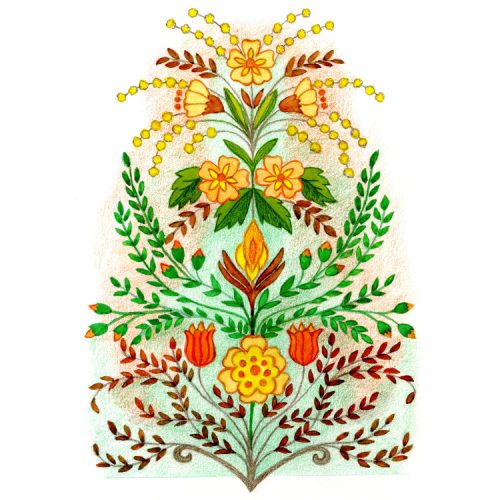 Yellow and orange flowers with green leaves card design