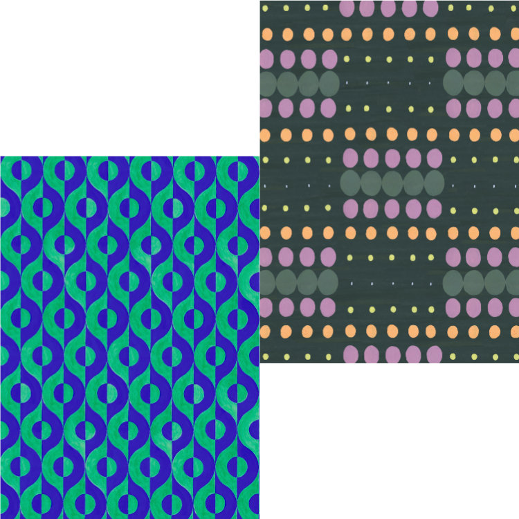 Two card designs of retro wallpapers, one blue and green semicircles, one pastel pinpoints on dark green background