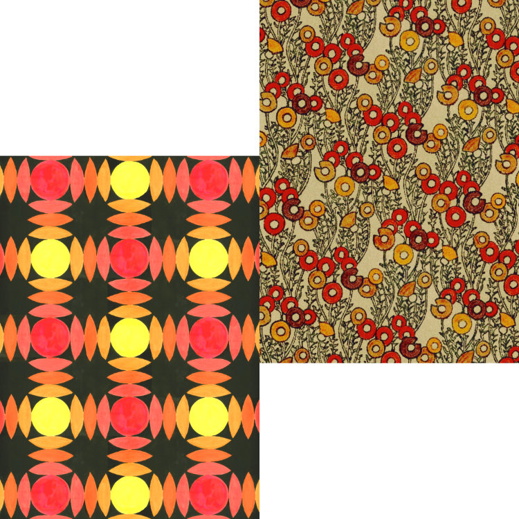Wallpaper design in reds, oranges and yellows with textile design of circles in russet colours - greetings cards