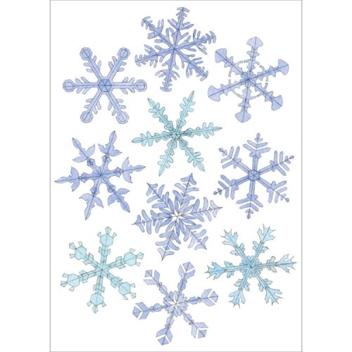 Art Christmas Card with 10 close-up snowflakes in blue and turquoise