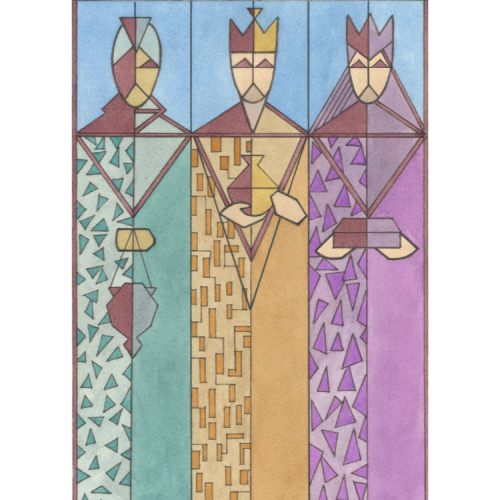 Charity Christmas Card design with three tall kings in green, yellow-gold and purple