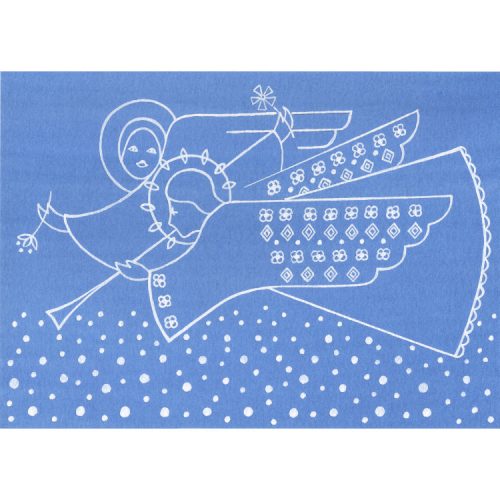 Fine art Christmas card design with outlines of two white angels in flight against a blue sky