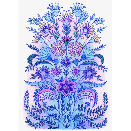 Fine art greetings card with symmetrical design of purple flowers and blue leaves