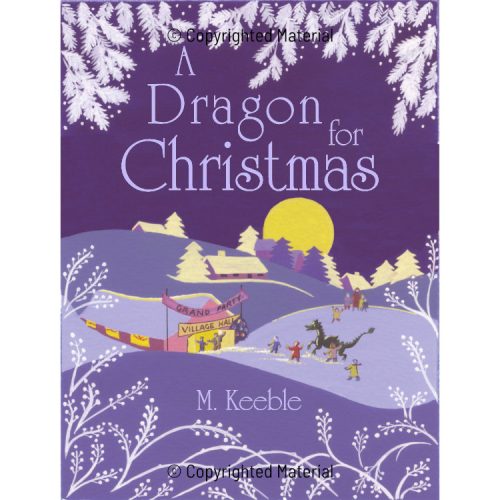 Front cover picture of children's picture book with the moon and snow and a village scene in purples