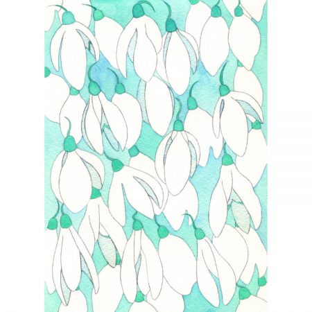Greetings card design with watercolour painting of white snowdrops on green and turquoise background