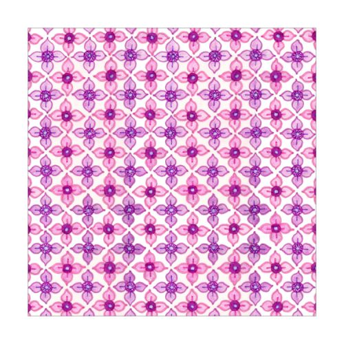 Greetings card design with textile pattern of criss-cross pink and mauve floral motifs