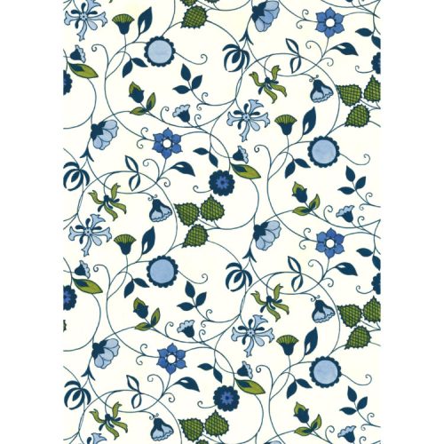Greetings card design with 1970s textile pattern featuring olive green leaves and blue flowers