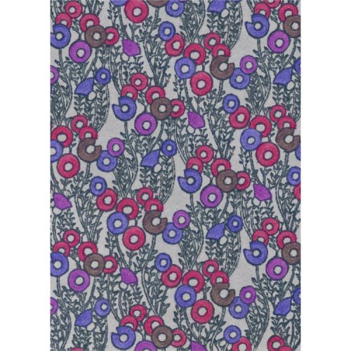 Greeting card with 1970s textile design with fuchsia, purple and indigo rings on dove-grey background