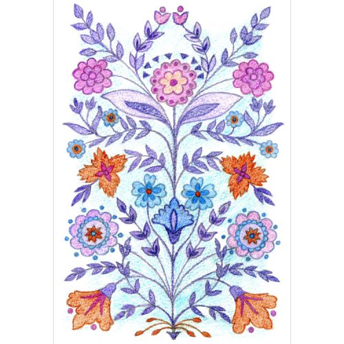 Greeting card symmetrical design of pink, purple, blue and orange flowers with purple and blue leaves