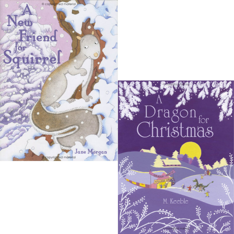 Two children's book covers - squirrel in snowy trees and snowy village scene with dragon against purple night sky