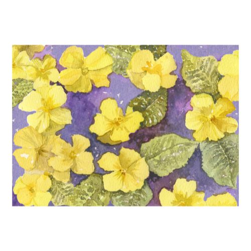 Greeting card design of yellow primroses and green leaves on a purple background, landscape