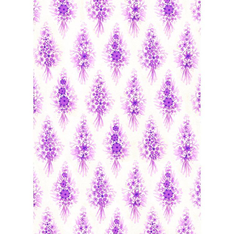 Greetings card with 1970s textile design of small pink and purple flowers in spray arrangements