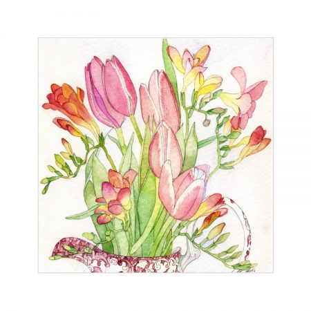 Greetings card with watercolour painting of pink tulips and yellow and pink freesias in a red and white china jug and green leaves