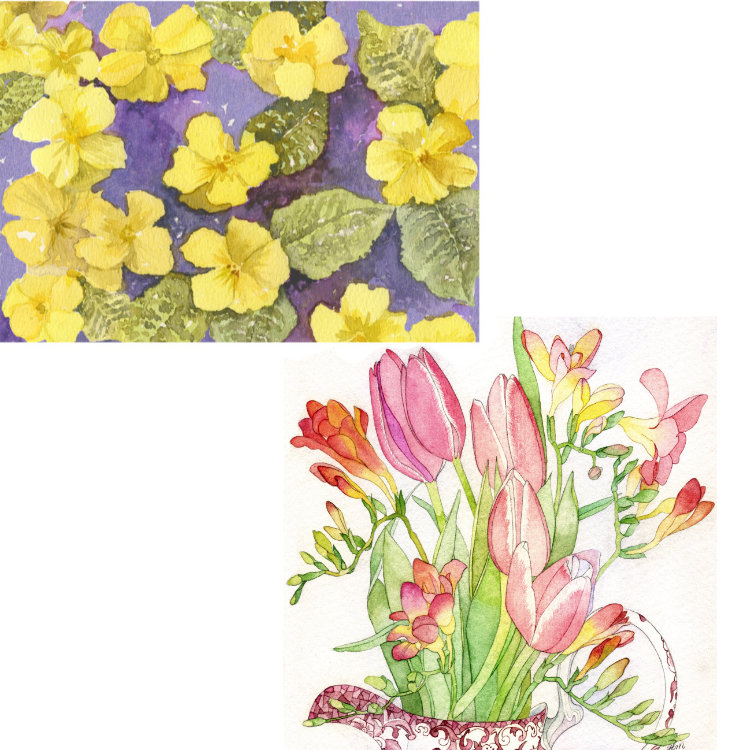 Two greetings cards designs, one with yellow primroses on a purple background, the other a bunch of tulips and freesias in a china jug