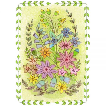 Greetings card design of hadn drawn spring flowers in a border of green leaf garlands