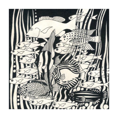 Greetings card design with black & white illustration of stylised fish and seaweed