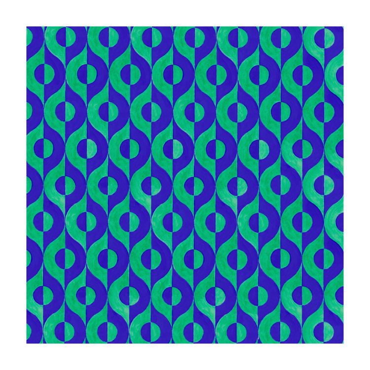 Square notecard with 1950s wallpaper design in spinning blue and green hemispheres