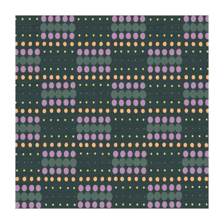 Square notecard with 1950s wallpaper design of small pastel coloured dots in lines on a rich green background