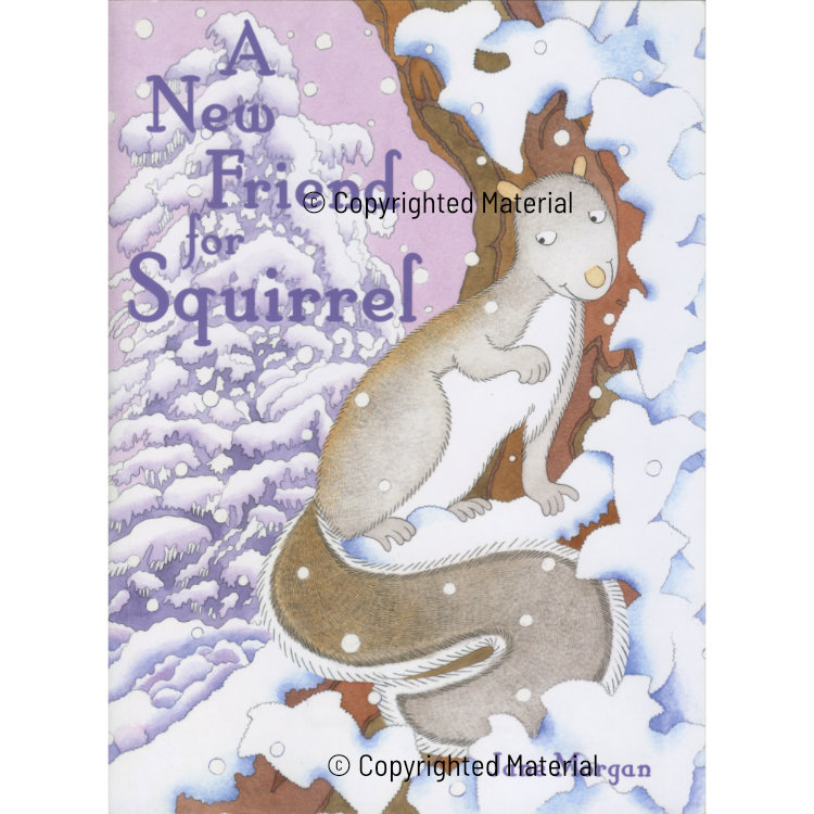 Front cover picture of children's book with grey squirrel in tree against purple sky and snow-covered trees