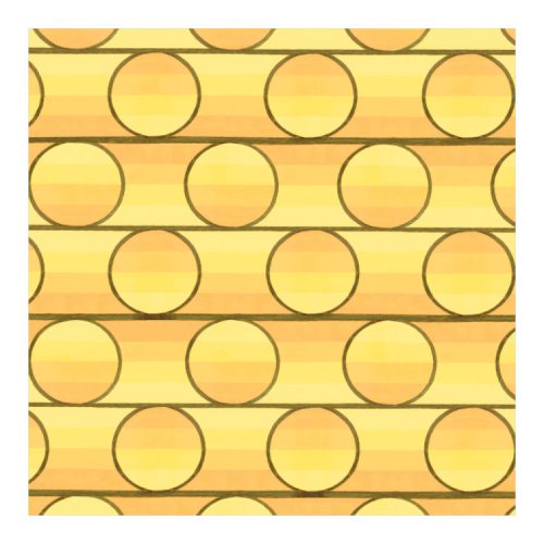 Square notecard featuring 1950s wallpaper design with golden brown circles in shades of peach and yellow