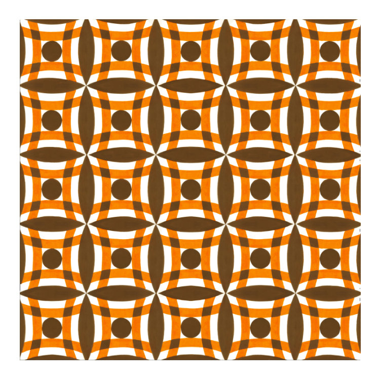 Square notecard featuring 1950s wallpaper design with brown circles and orange gingham squares