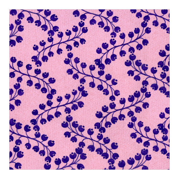 Notecard with 1970s textile design of purple blueberry chains on pink background