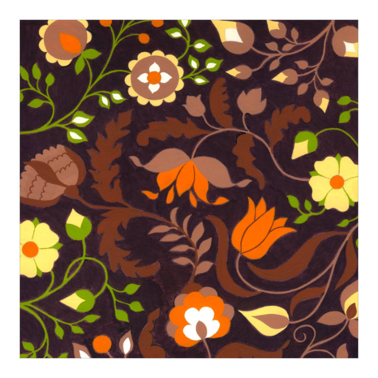 Square notecard with 1970s Textile design with orange and yellow flowers against a brown background