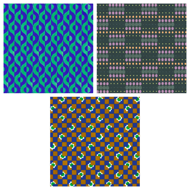 Set of square notecards with 3 designs - one 1970s textile in tan and blue, and two 1950s wallpapers with blue and green hemispheres and pastel dots on green background