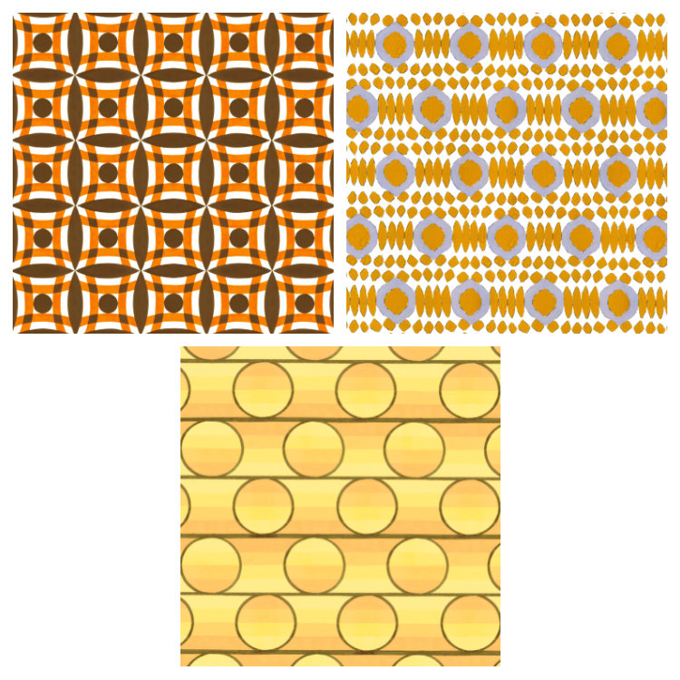 Set of square notecards with 3 1950s wallpaper designs: one intersecting squares and circles in brown and orange, circles with shades of peach and yellow, and gold and grey motifs